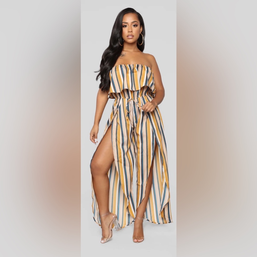 Brand new w/tags 2X Fashion Nova Mustard and Blue Striped Jumpsuit